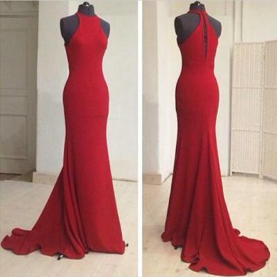 Red Halter Floor Length Mermaid Formal Dress, Prom Dress Featuring Keyhole Back