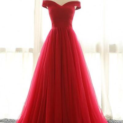 A line Off Shoulder Red Prom Dress,Sexy Tulle Prom Dress,Long Off Shoulder Red Evening Dress,Sexy Red Bridesmaid Dress