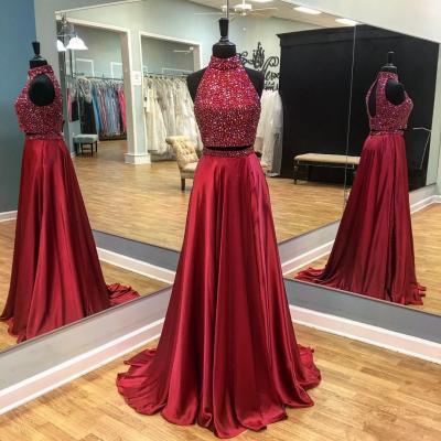 Two piece Prom Dress,Fashion Beaded Prom Gown,Red Prom Dress 2017
