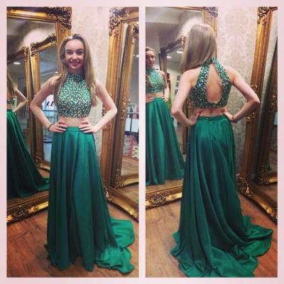 Sexy Two Piece Prom Dress,Beaded Party Dress,Halter Neckline Two Pieces Graduation Dress,Green 2 piece Prom Gown