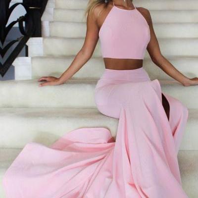Sexy Mermaid Prom Dress,Pink Halter Neckline Evening Dress,Fashion Slit Two Piece Prom Dress