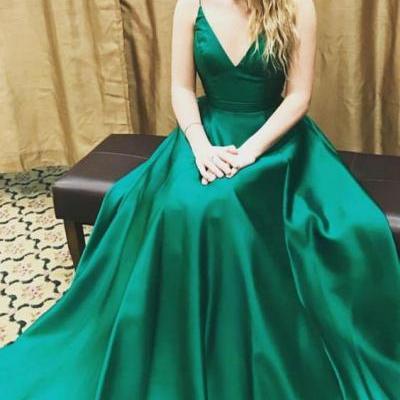 A line Spaghetti Straps Green Evening Dress,Sexy Open Back Prom Dress,High Quality Green Prom Gown 