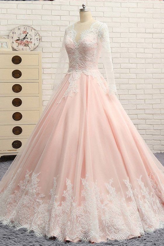 pink wedding dress with sleeves