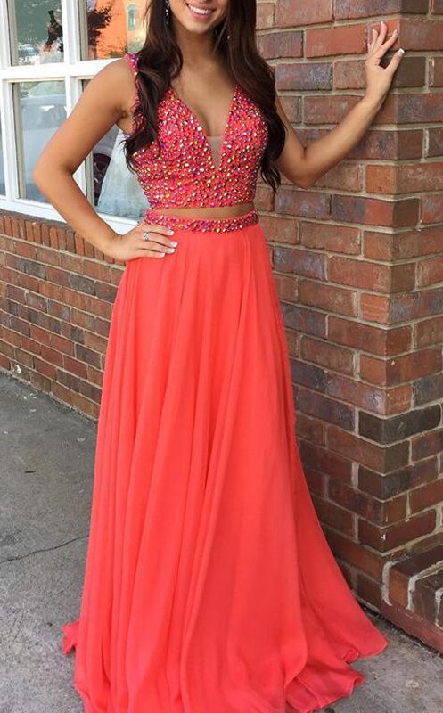 orange 2 piece prom dress