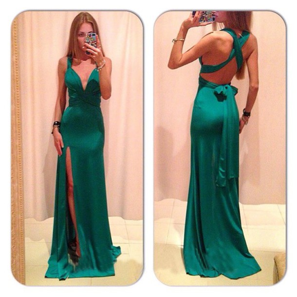 new sexy prom dress spaghetti strap bandage back deep v neck side split green