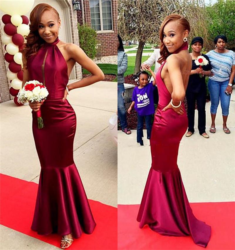 Wine Red Halter Backless Prom Dress
