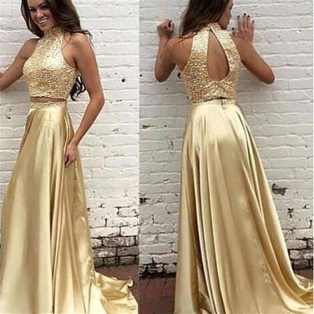 Two Pieces Prom Dress,Gold Beaded Graduation Dresses,2 Piece Prom Gowns ...