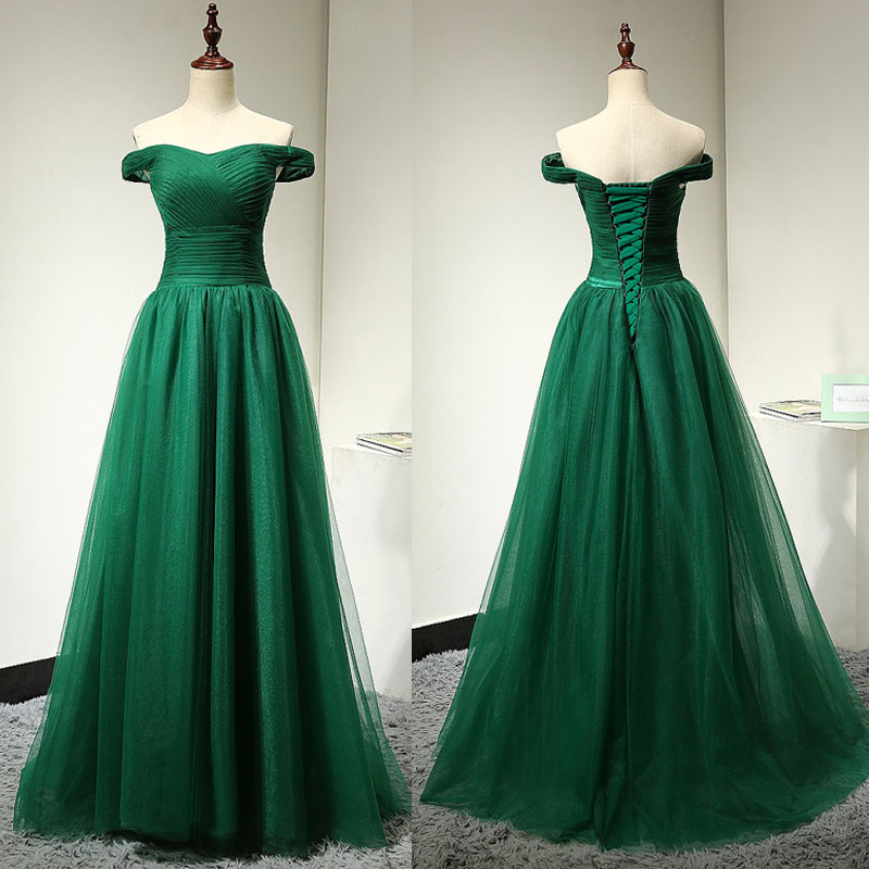 Off Shoulder Sleeves Green Prom Dress,Green Tulle Graduation Dress,Sexy ...