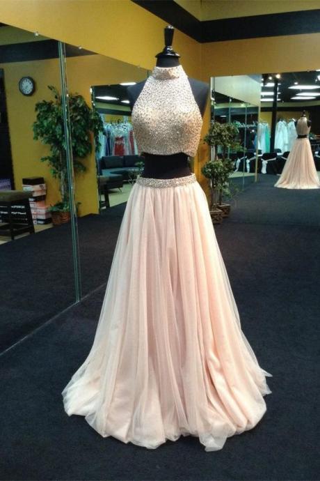 High Neck Prom Dress,two Piece Prom Dress,blush Tulle Prom Gown,halter Party Dress,beaded Prom Dress,beaded Two Piece Graduation Dress