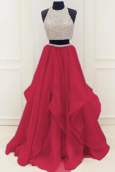 Fashion Two Pieces Beaded Deep Red Organza Prom Dresses