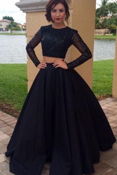 Long Sleeves Prom Dress,dark Navy Sequins Prom Gowns,two Piece Dark Navy Party Dress