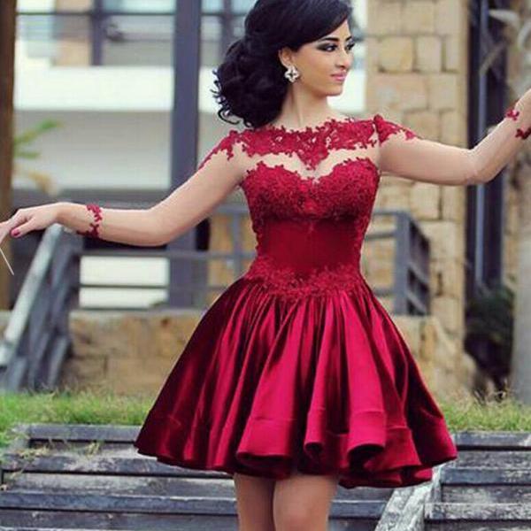 Illusion Burgundy Homecoming Dresses,Long Sleeves Lace Formal Dress ...