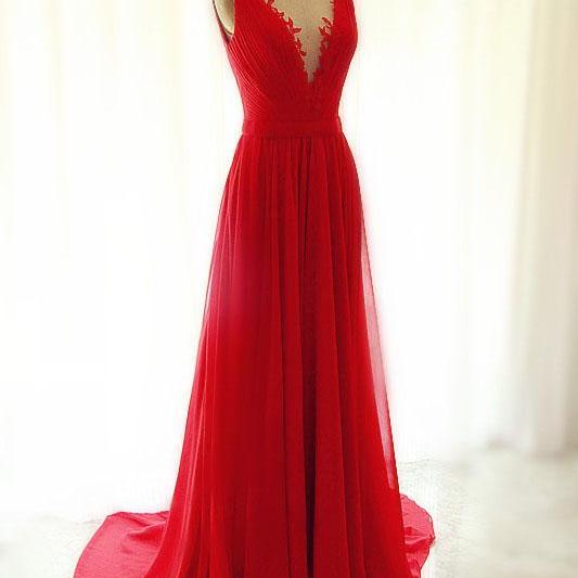 Full Length Red Prom Dress,Sexy Open Back Prom Dresses,A Line Chiffon V ...