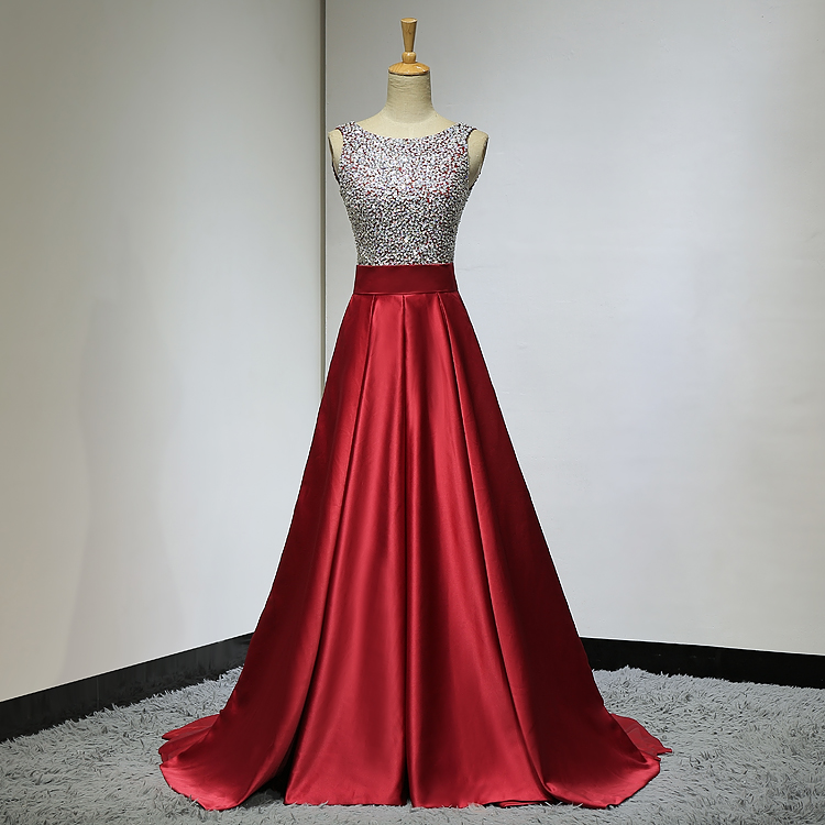 Custom Made Red Sequin Backless Satin A Line Prom Dress On Luulla