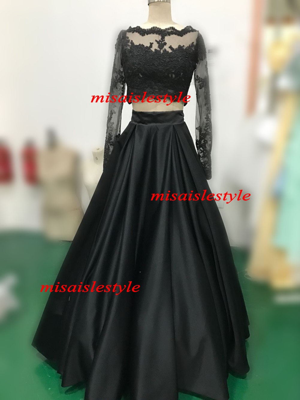 Long Sleeves Black Lace Prom Dress,Black Two Piece Prom Gown,Long ...